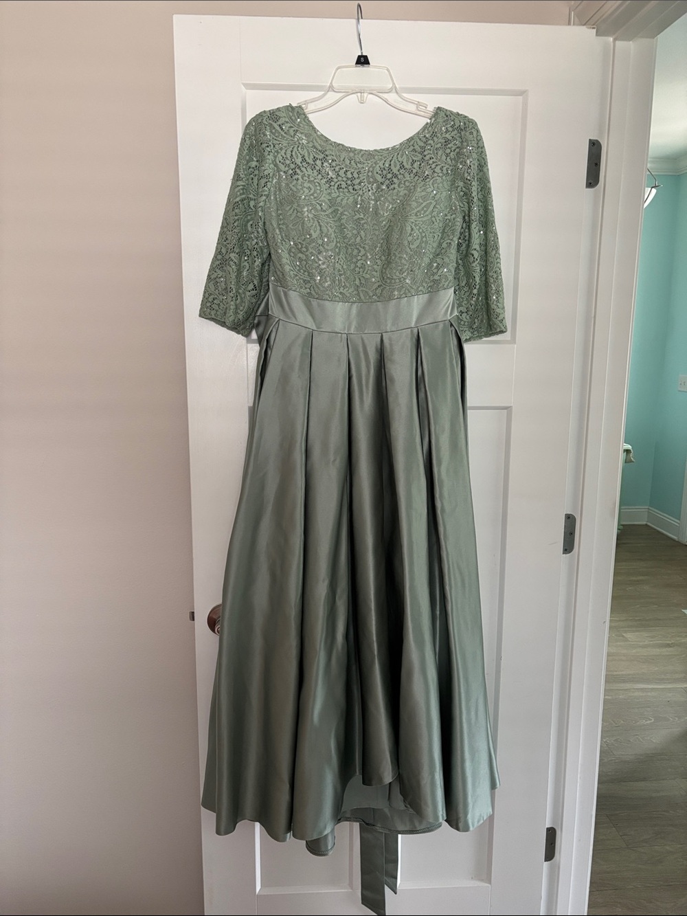 JJ's House Sage Green Lace and Sequin Evening Dress